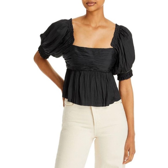 Frame Denim Tops - Frame Womens Black Pleated Square-Neck Puff-Sleeve Peplum Top Blouse NWT